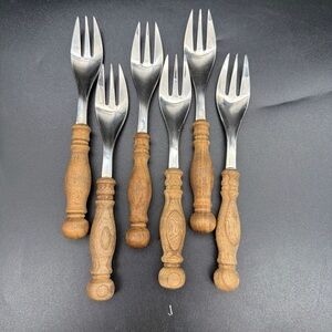 Set Of 6 Vintage WMF Cromargan Dessert Appetizer Cocktail Forks w/Wood Handle 6”